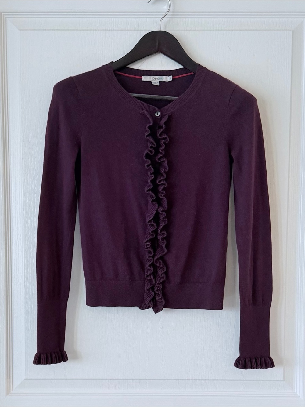 Boden Plum Ruffle-Front Cardigan